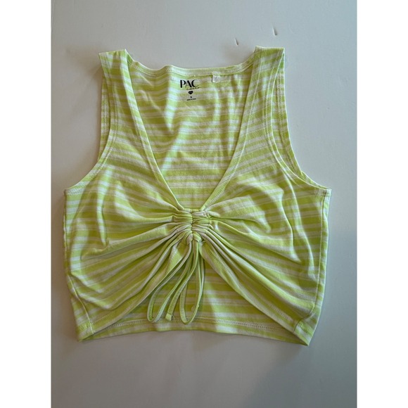 PacCares Tops - PacCares Eco Lime Green White Striped Ruched Tie Front Crop Tank Top Small